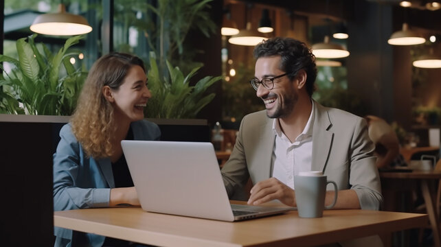 Two happy professional coworkers discussing online plan. Mid aged manager explaining colleague financial project on laptop. Diverse business people using computer in cafe shop. Generative AI