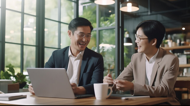 Two happy professional coworkers discussing online plan. Mid aged manager explaining colleague financial project on laptop. Diverse business people using computer in cafe shop. Generative AI