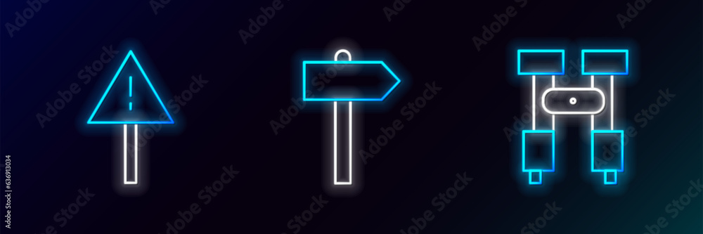 Poster set line binoculars, exclamation mark triangle and road traffic signpost icon. glowing neon. vector