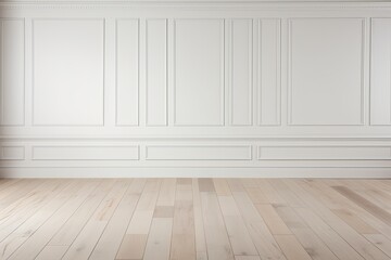 White classic wall with copy space, mock up room, beige colour parquet floor