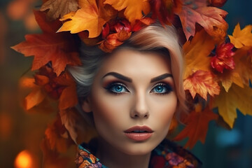 Naklejka premium autumn portrait of a woman with a wreath of leaves on her head. art portrait. fashion and beauty. autumn. generative ai