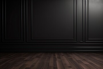 Dark brown classic wooden wall background with free space, mock up room, parquet floor