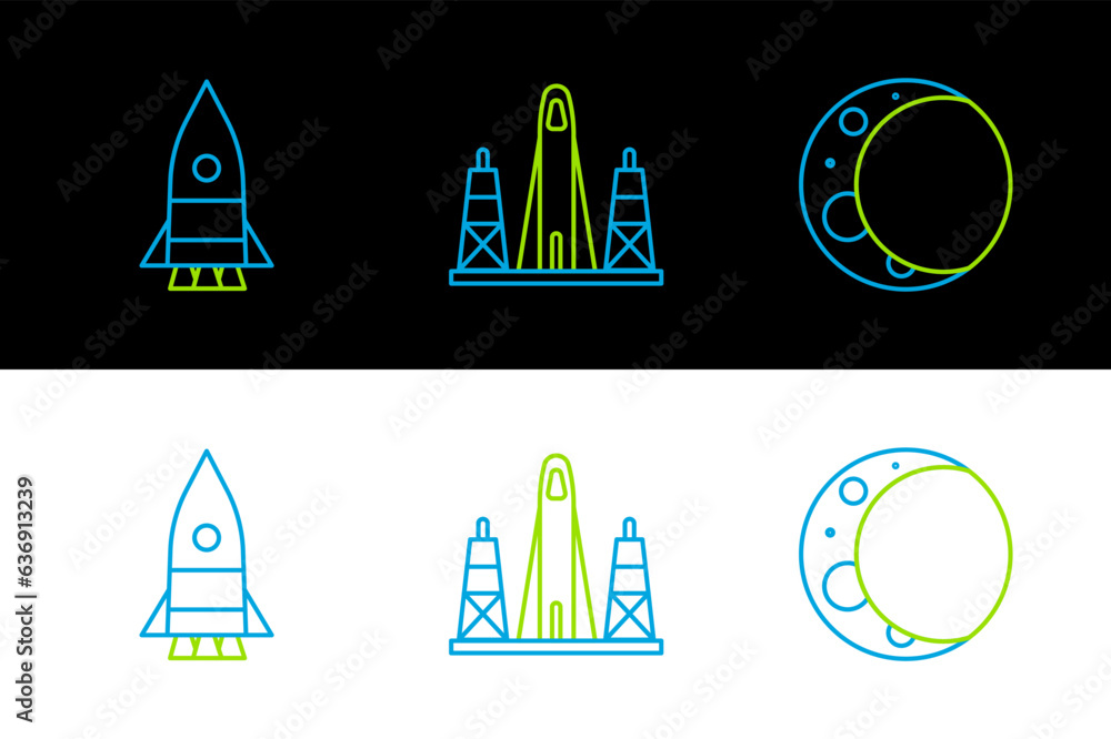 Poster set line moon, rocket ship and launch from the spaceport icon. vector