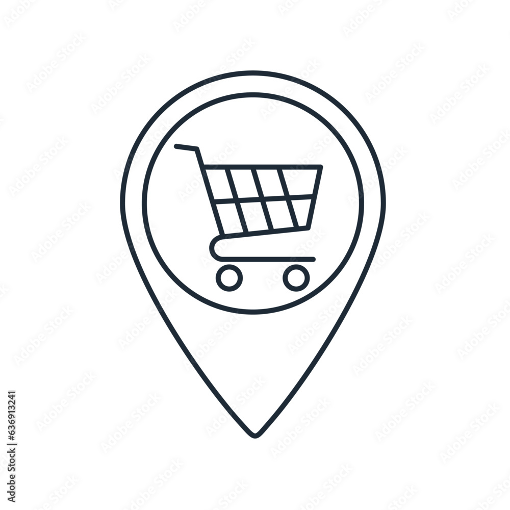 Poster shopping trolley and location indicator. supermarket place on the map of outlets. route to the store