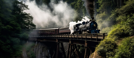Thrilling panorama of a speeding steam train crossing a wooden bridge over a canyon, evoking power and adventure amidst rising smoke.