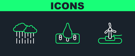 Set line Wind turbine, Cloud with rain and Deforestation icon. Vector