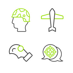 Set line Target sport, Gas mask, Jet fighter and Army soldier icon. Vector