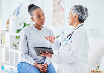 Doctor, woman and tablet for hospital, healthcare advice and support for results, exam and test on...