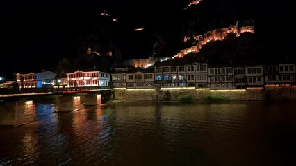 Touristic area of Amasya city, night lights, historical area
