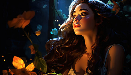 Fototapeta premium Cartoon illustration of a beautiful young fantasy girl, concept digital art, wallpaper background