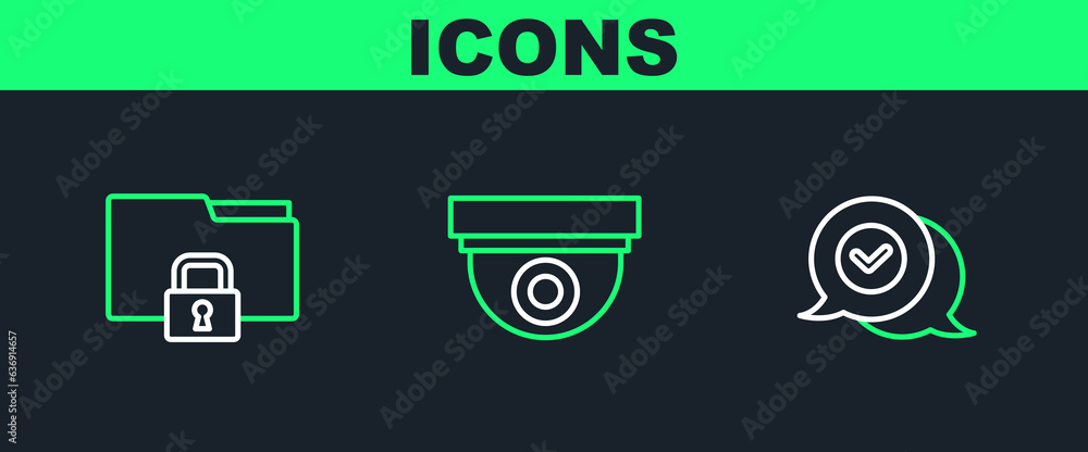 Poster set line check mark in speech bubble, folder and lock and security camera icon. vector
