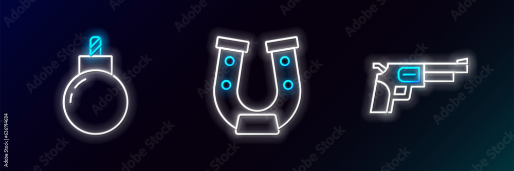 Sticker set line revolver gun, bomb ready to explode and horseshoe icon. glowing neon. vector