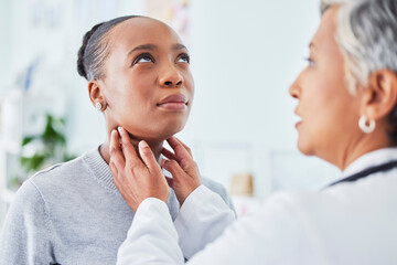 Sore throat, doctor and woman patient in hospital for virus, pain or infection. Healthcare worker and sick African person check neck for thyroid exam or respiratory care at medical consultation