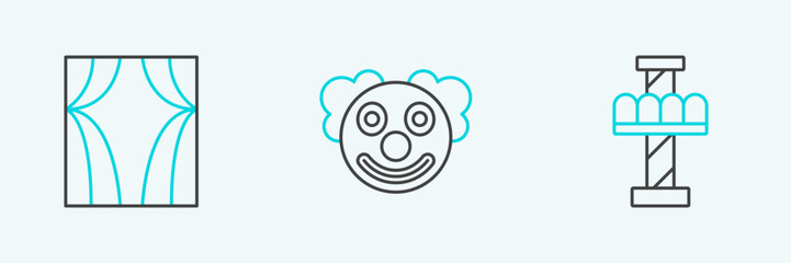 Set line Attraction carousel, Circus curtain raises and Clown head icon. Vector