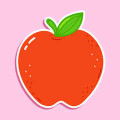 Sticker Red Apple character. Vector hand drawn cartoon kawaii character illustration icon. Isolated on pink background. Red Apple character concept