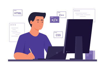 Programmer Man Process Coding with Computer for Software Development Concept Illustration