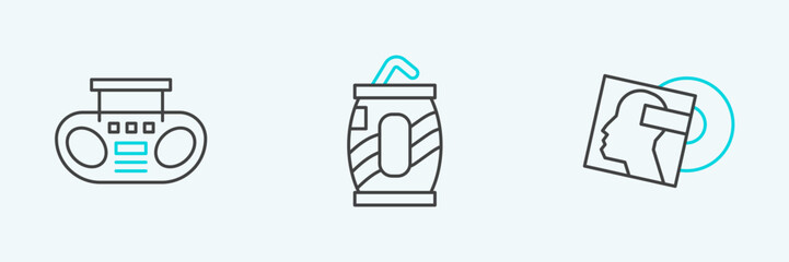 Set line Vinyl disk, Home stereo with two speakers and Soda can straw icon. Vector