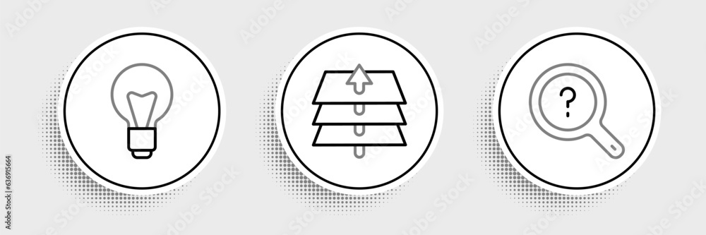 Poster set line unknown search, light bulb and layers icon. vector