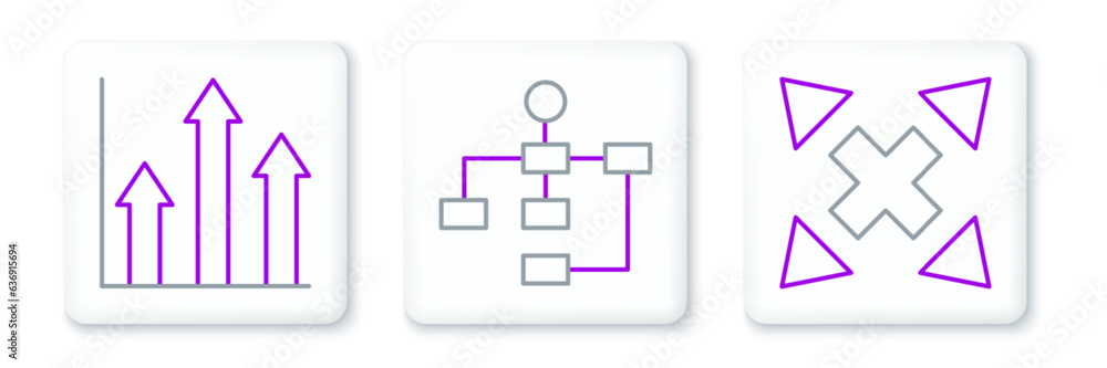 Poster set line many ways directional arrow, pie chart infographic and hierarchy organogram icon. vector