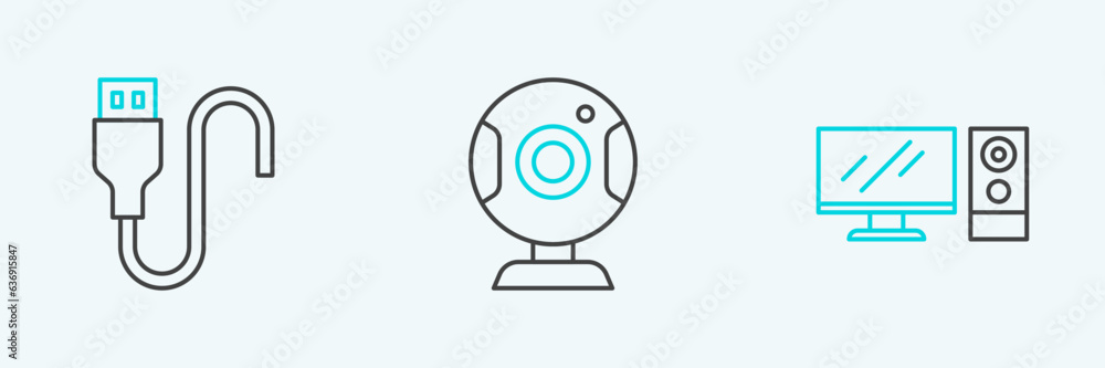 Poster set line computer monitor, usb cable cord and web camera icon. vector