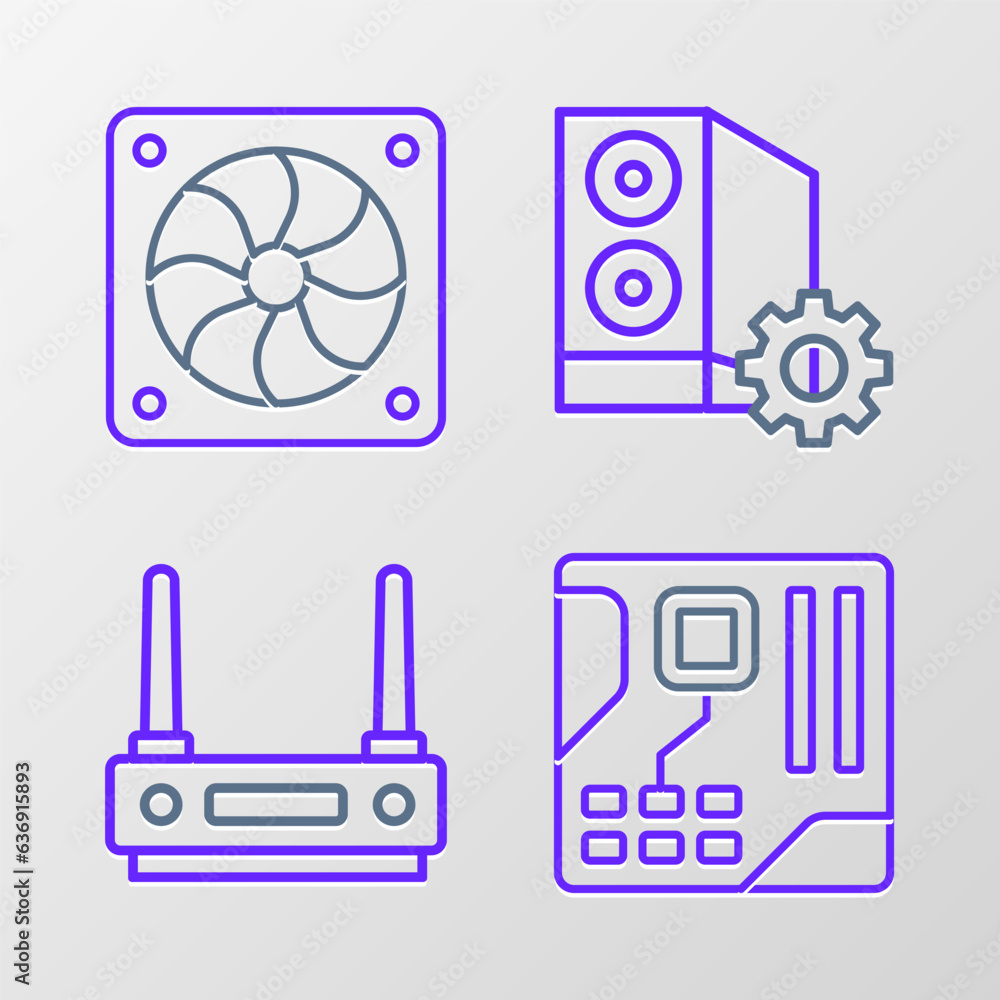 Poster set line motherboard digital chip, router and wi-fi signal, case of computer and computer cooler ico