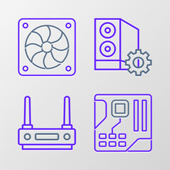 Set line Motherboard digital chip, Router and wi-fi signal, Case of computer and Computer cooler icon. Vector