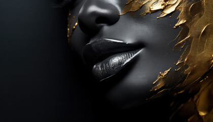 black painted woman's face with gold details, in the style of photorealistic accurac - obrazy, fototapety, plakaty
