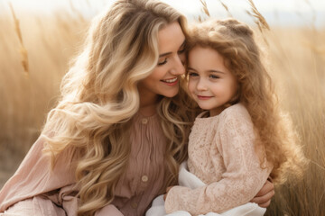 Mother holding her daughter in her arms in middle of beautiful nature , parent child family relationship concept