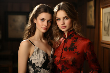Fototapeta premium Two caucasian women friends wearing asian style clothing dress