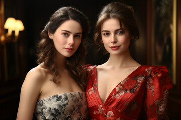 Two caucasian women friends wearing asian style dress