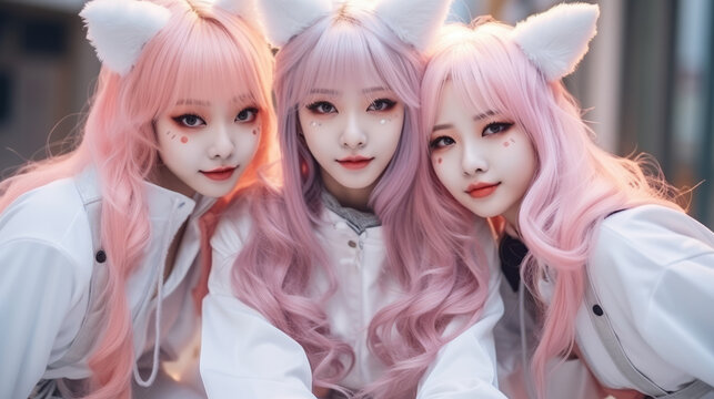 Adorable catgirls k-pop group, wearing colorful street clothes and cat ears , asian street culture. fantasy and fun picture