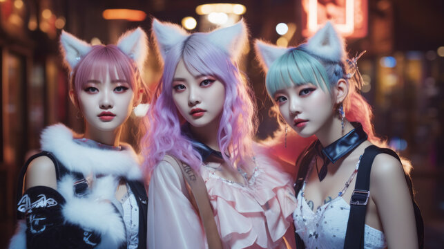 Adorable catgirls k-pop group, wearing colorful street clothes and cat ears , asian street culture. fantasy and fun picture