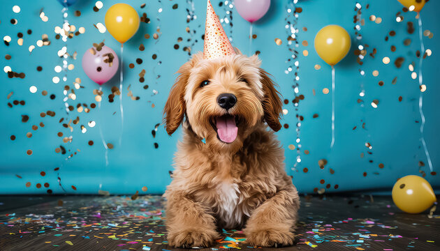 golden doodle puppy enjoying a happy birthday