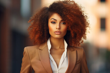 Beautiful woman wearing a structured blazer , Elegance of business female at work with wavy hair - obrazy, fototapety, plakaty