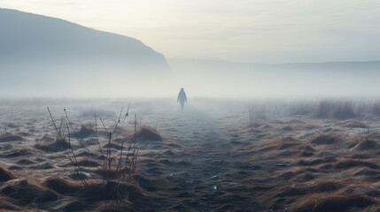Ethereal scene of a person wandering in dense fog, reflecting the uncertainty and mystery of a journey