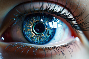 Futuristic AI eye with a digital interface, depicting the intersection of biotechnology and...