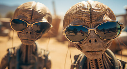Group of aliens in the desert, humorously styled in photorealistic pastiche, with emphasis on faces and expressions