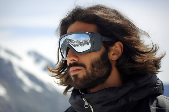 Man alpine climber portrait wearing ski goggles with snowy mountain in background