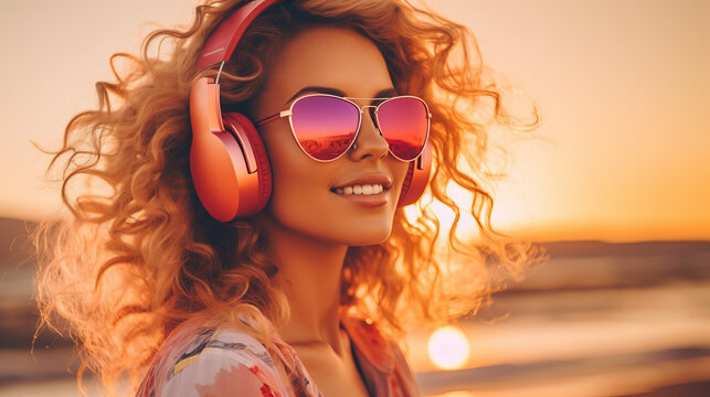 Summer end sunset beach view with fashionable girl wearing big headphones and trendy sunglasses