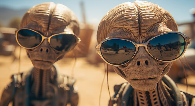 Naklejki Group of aliens in the desert, humorously styled in photorealistic pastiche, with emphasis on faces and expressions