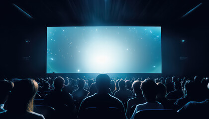 large audience watching movie mockup white screen in cinema - obrazy, fototapety, plakaty