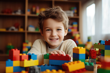 Young boy playing with blocks while smiling behind him