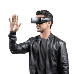 Attractive brunette man wearing VR glasses, augmented reality glasses. Isolated on transparent background 2
