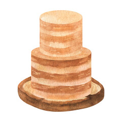 Classic layered cake on wood stand, wedding romantic clipart
