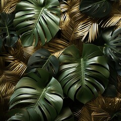 A fusion of gold and green tropical palm leaves form a captivating nature backdrop, manifesting a minimalistic abstract reminiscent of a summer jungle or forest.