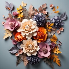 Obraz na płótnie Canvas A vivid array of colorful flowers and leaves converge around a heart shape in this creative flat lay, encapsulating the warmth of anniversaries and celebrations.