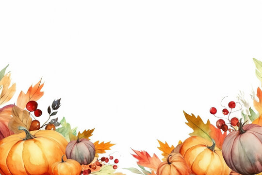 Festive watercolor Thanksgiving or Halloween background with leaves and pumpkins. Generative AI