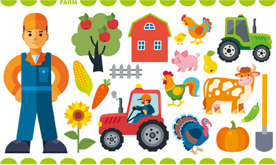 Vector cartoon farm set. Rural icons collection with farmer, country house, animals, birds, tractor, driver, fruit, vegetables. Cute flat agriculture isolated illustration.