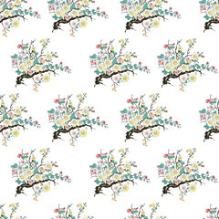 Vector seamless half-drop pattern, with flowers