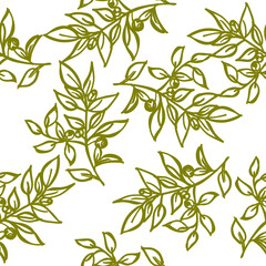 seamless pattern with branches and leaves in green line hand drawing repeat seamless pattern on white background design for fabric print or vintage wallpaper or retro backdrop
